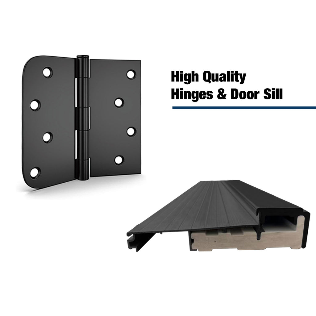 36 X 80 Fiberglass Entry Door With Brickmould, Frosted Glass - Contemporary Style For Home's Front Entrance, Right Hand Inswing, Black Finished Knock-Down Fiberglass Door With 4-9-16 White Vinyl Frame