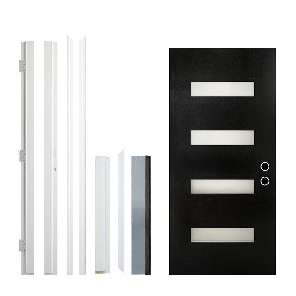 36 X 80 Fiberglass Entry Door With Brickmould, Frosted Glass, Black Finishe Knock-Down Fiberglass Door - Contemporary Style For Home's Front Entrance, Left Hand Inswing With 4-9-16 White Vinyl Frame