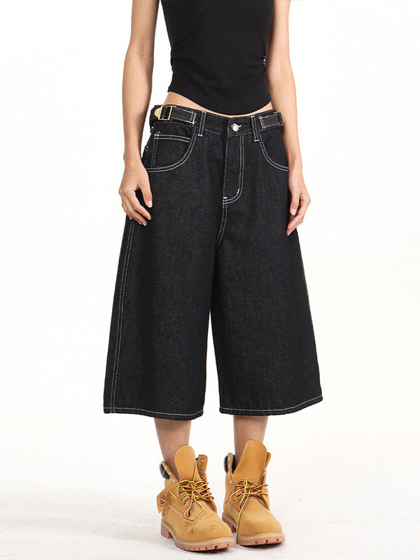 Adjustable Waist Vintage Denim Cropped Pants