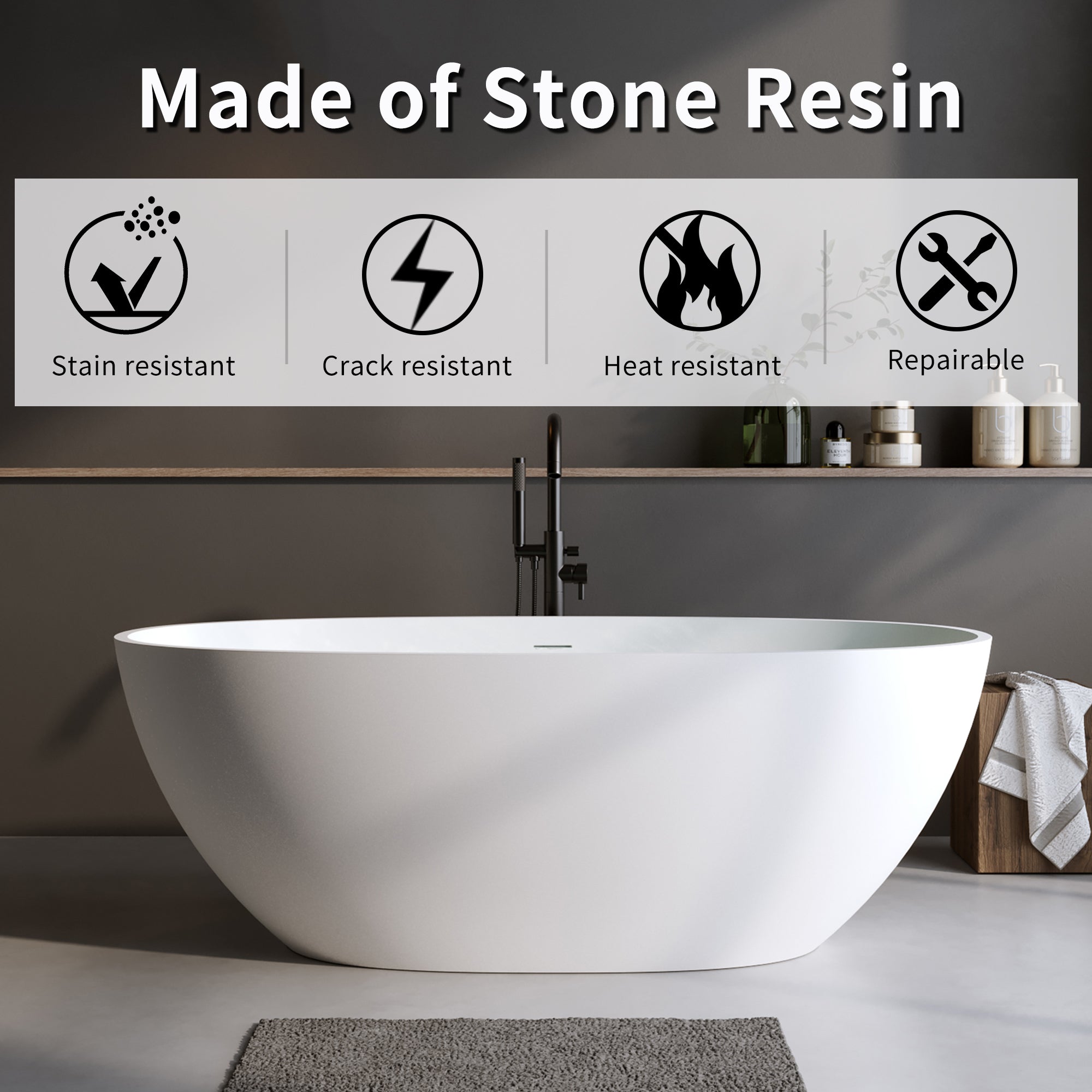59'' Solid Surface Matte Tub, Solid Surface Soaking Tub, Stone Resin Freestanding Bathtub, Thick Edge Stand Alone Tubs With Overflow, Pop-up Drain, Matte White  Oval
