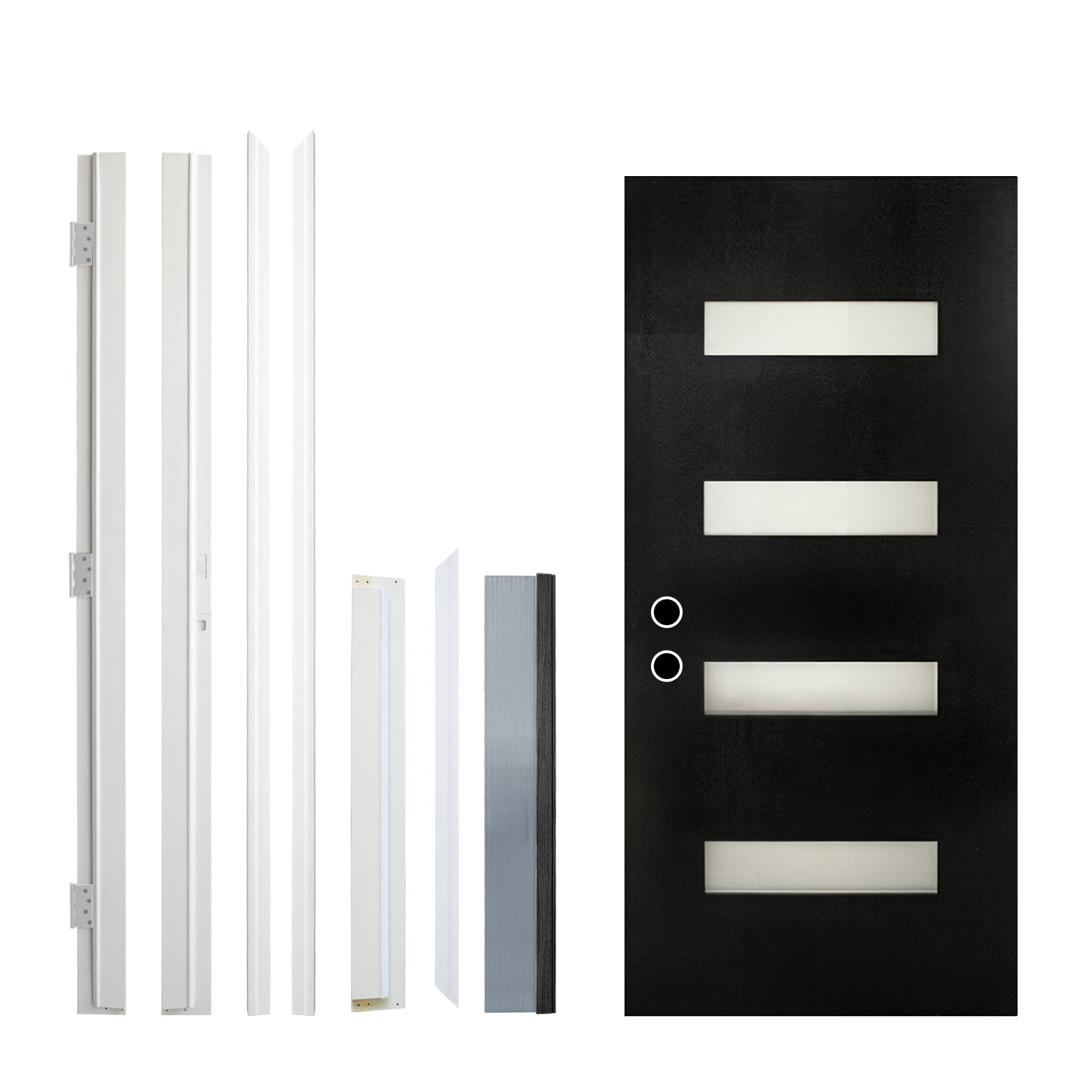 36 X 80 Fiberglass Entry Door With Brickmould, Frosted Glass - Contemporary Style For Home's Front Entrance, Right Hand Inswing, Black Finished Knock-Down Fiberglass Door With 4-9-16 White Vinyl Frame