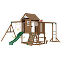 Wooden Swing Set, 10 IN 1 Playground Sets For Backyards, 2 Swings, Trapeze Bar, 6FT Slide, Large Upper Fort With Kitchen Toys, Flat Step Ladder, Rock Wall, Picnic Table, Sandbox, Scaling Ladder