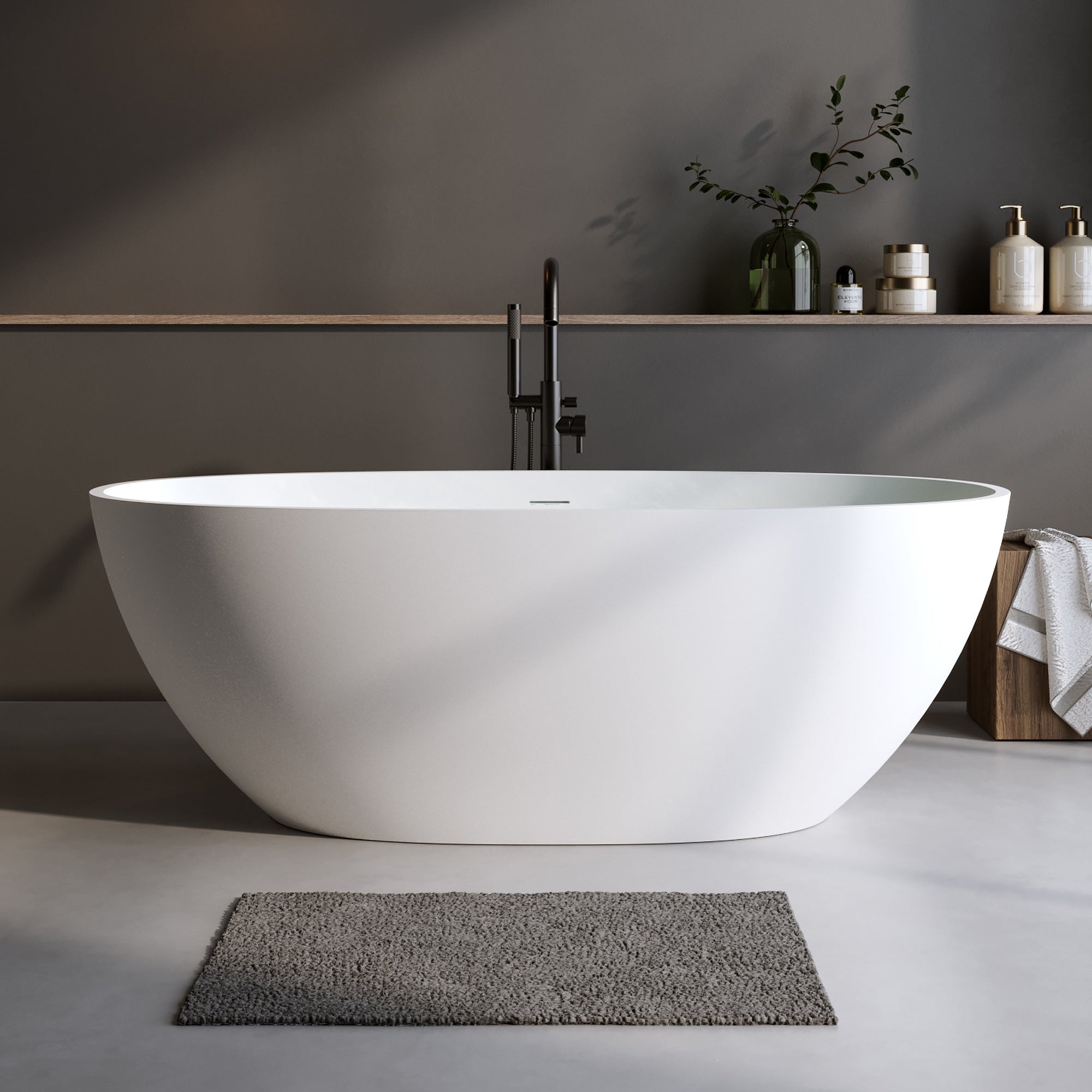 59'' Solid Surface Matte Tub, Solid Surface Soaking Tub, Stone Resin Freestanding Bathtub, Thick Edge Stand Alone Tubs With Overflow, Pop-up Drain, Matte White  Oval