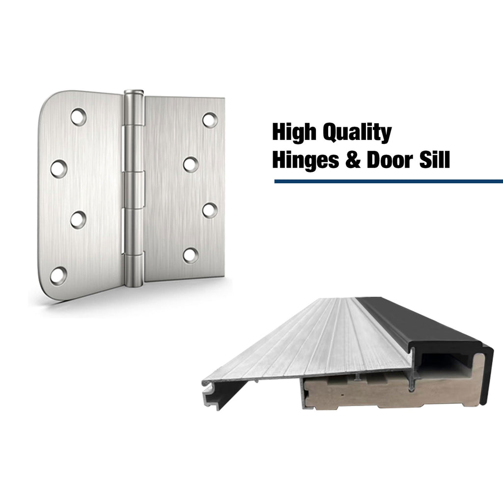 36 X 80 Fiberglass Entry Door With Brickmould, Frosted Glass, Black Finishe Knock-Down Fiberglass Door - Contemporary Style For Home's Front Entrance, Left Hand Inswing With 4-9-16 White Vinyl Frame