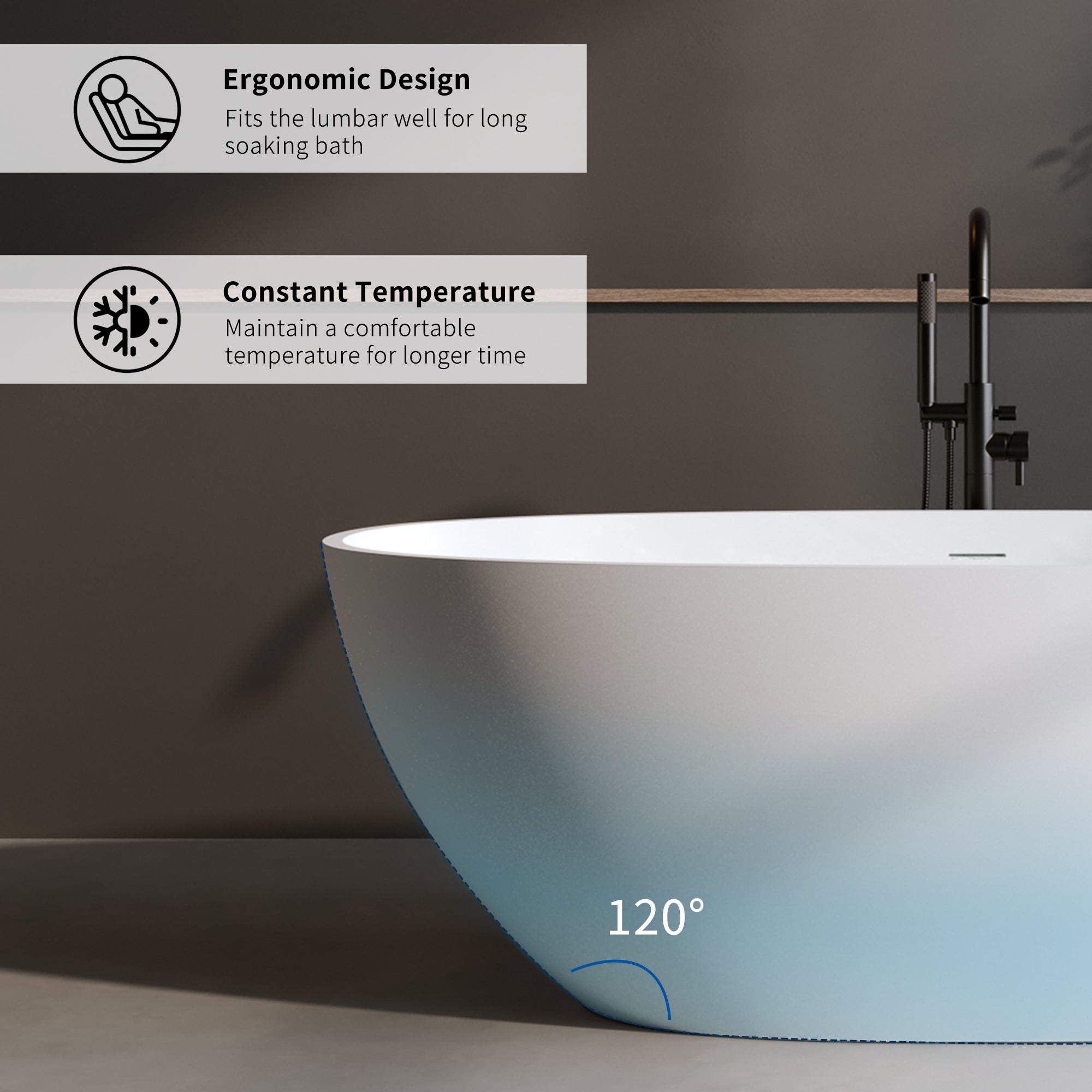 59'' Solid Surface Matte Tub, Solid Surface Soaking Tub, Stone Resin Freestanding Bathtub, Thick Edge Stand Alone Tubs With Overflow, Pop-up Drain, Matte White  Oval