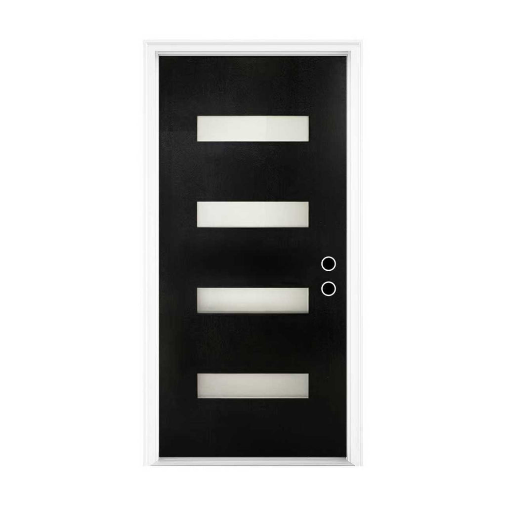 36 X 80 Fiberglass Entry Door With Brickmould, Frosted Glass, Black Finishe Knock-Down Fiberglass Door - Contemporary Style For Home's Front Entrance, Left Hand Inswing With 4-9-16 White Vinyl Frame