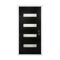36 X 80 Fiberglass Entry Door With Brickmould, Frosted Glass, Black Finishe Knock-Down Fiberglass Door - Contemporary Style For Home's Front Entrance, Left Hand Inswing With 4-9-16 White Vinyl Frame
