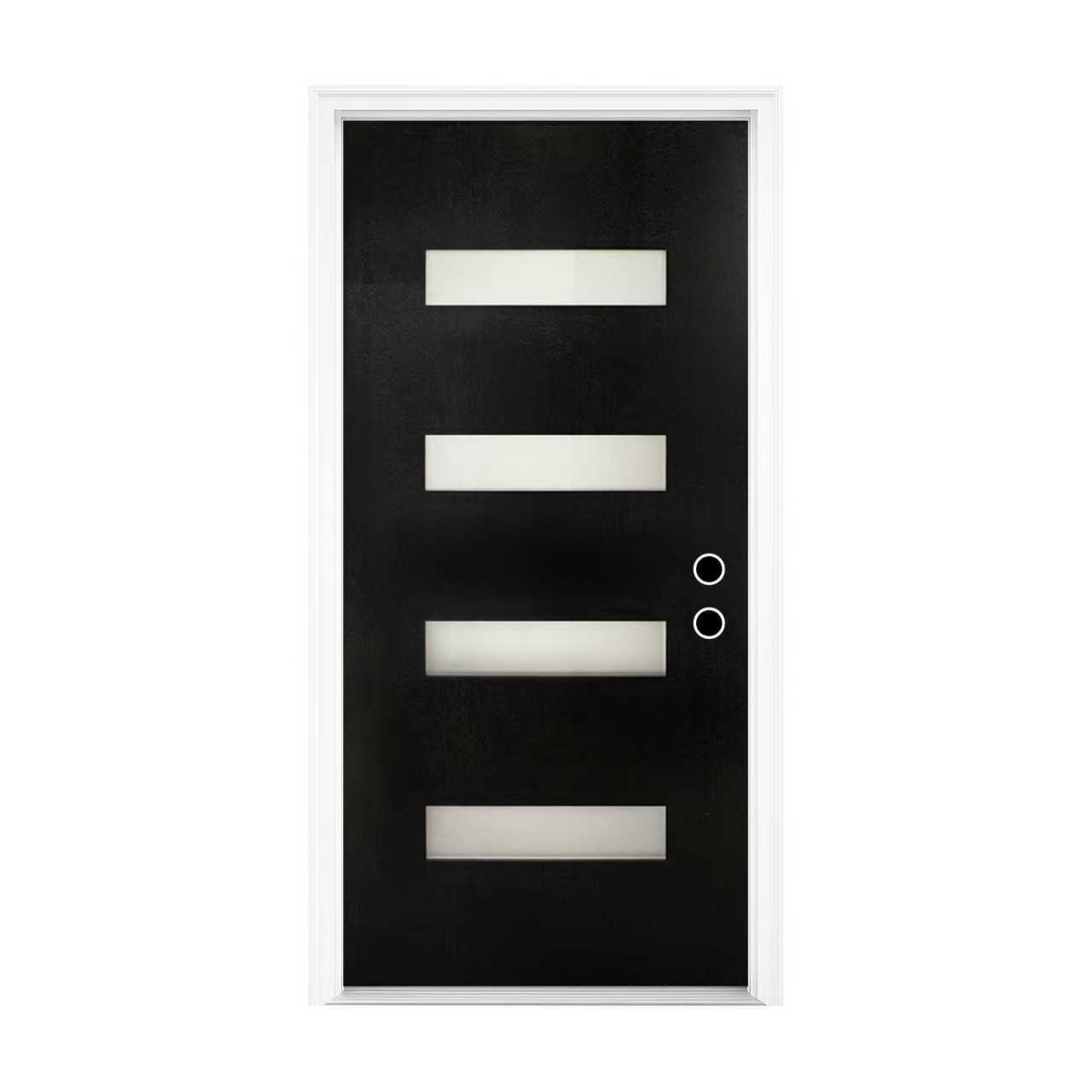 36 X 80 Fiberglass Entry Door With Brickmould, Frosted Glass, Black Finishe Knock-Down Fiberglass Door - Contemporary Style For Home's Front Entrance, Left Hand Inswing With 4-9-16 White Vinyl Frame