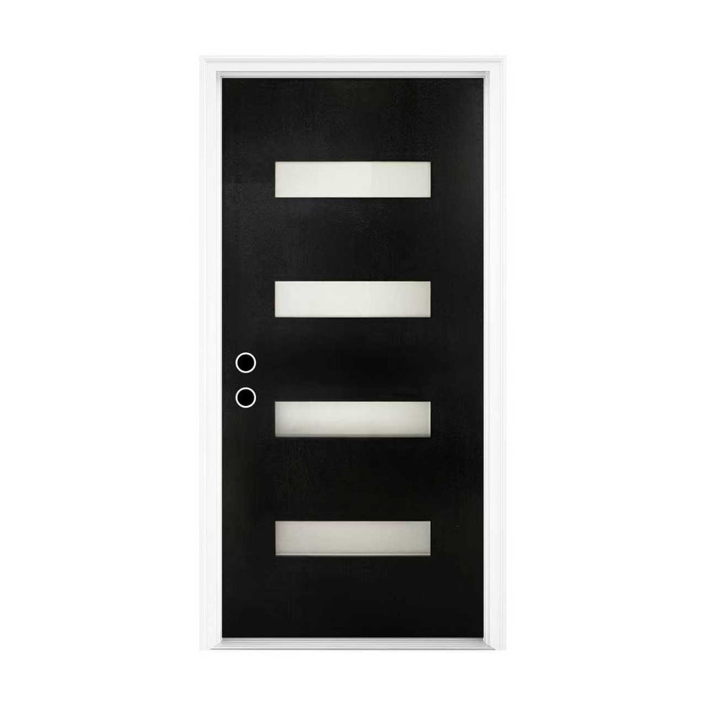 36 X 80 Fiberglass Entry Door With Brickmould, Frosted Glass - Contemporary Style For Home's Front Entrance, Right Hand Inswing, Black Finished Knock-Down Fiberglass Door With 4-9-16 White Vinyl Frame