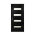 36 X 80 Fiberglass Entry Door With Brickmould, Frosted Glass - Contemporary Style For Home's Front Entrance, Right Hand Inswing, Black Finished Knock-Down Fiberglass Door With 4-9-16 White Vinyl Frame