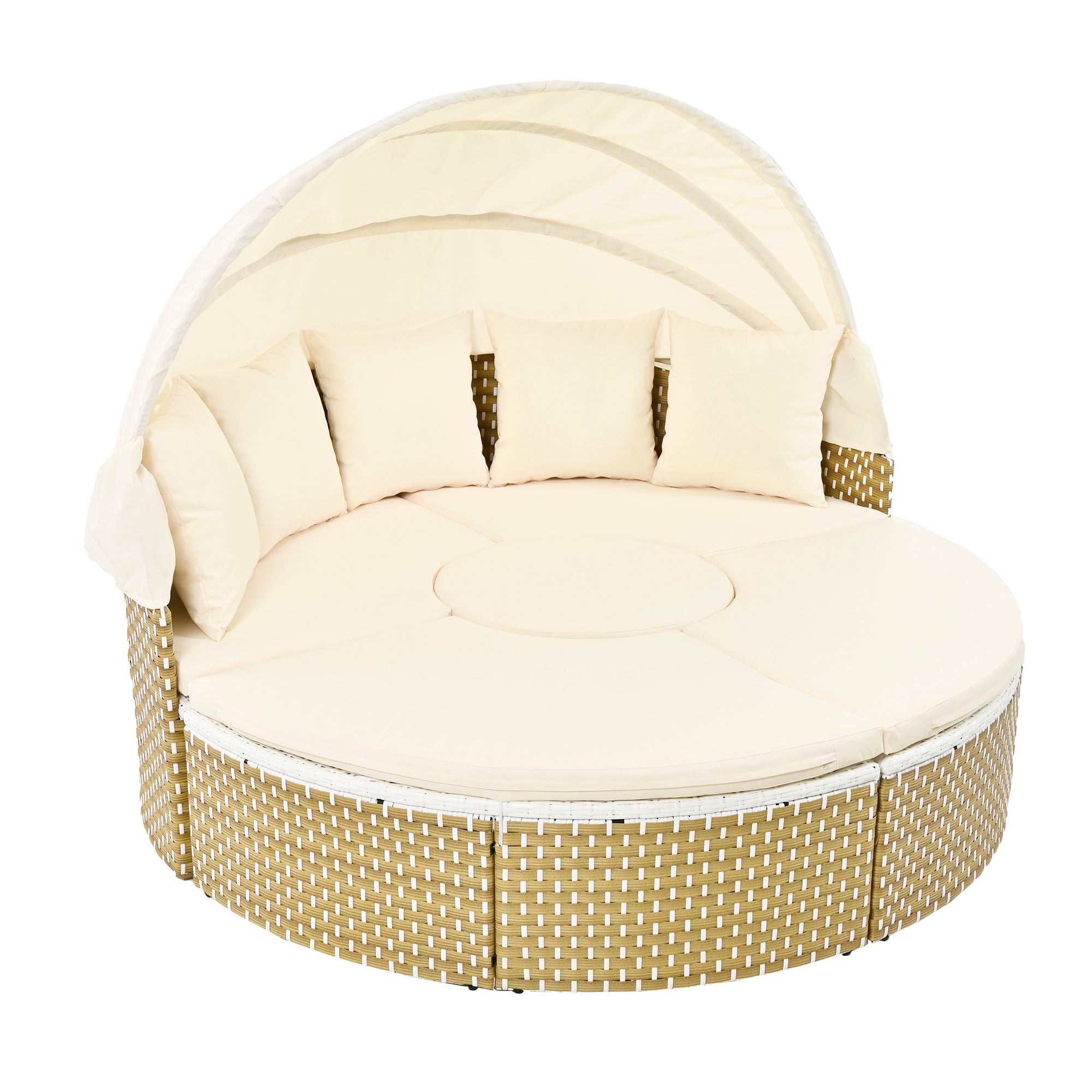 TOPMAX Patio Furniture Round Outdoor Sectional Sofa Set Rattan Daybed Two-Tone Weave Sunbed With Retractable Canopy, Separate Seating And Removable Cushion, Beige