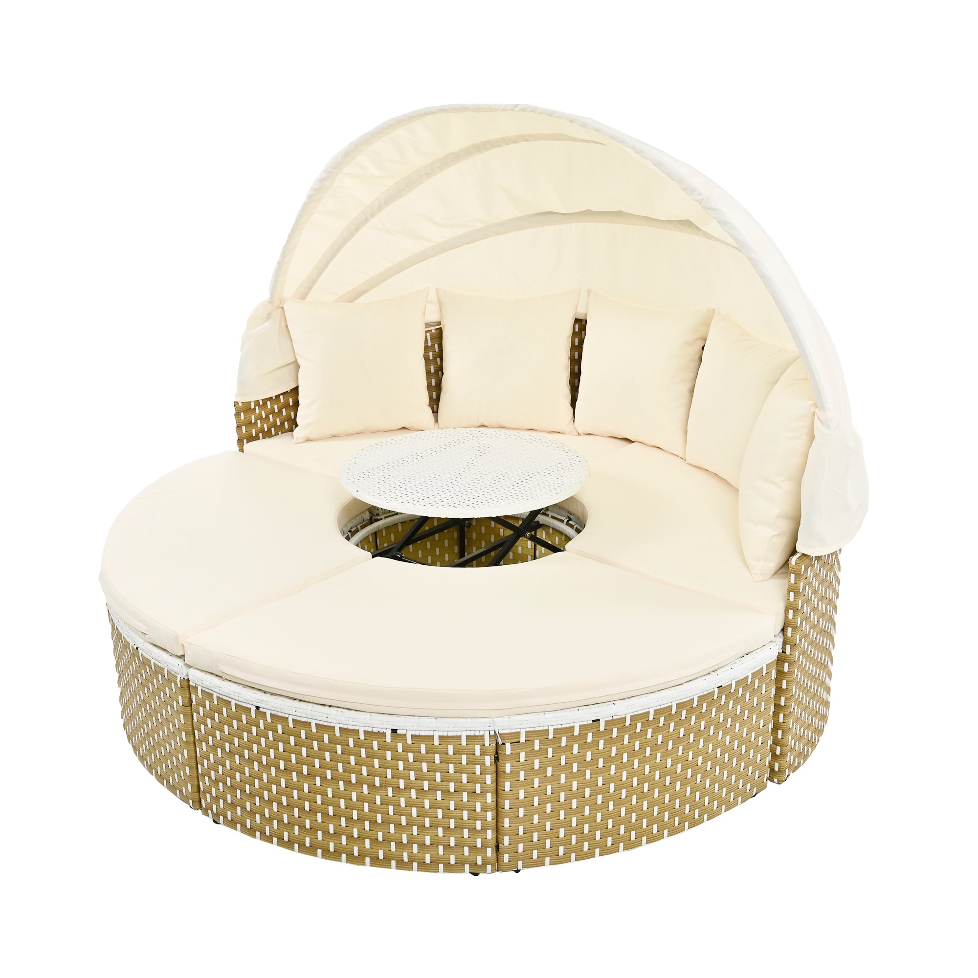 TOPMAX Patio Furniture Round Outdoor Sectional Sofa Set Rattan Daybed Two-Tone Weave Sunbed With Retractable Canopy, Separate Seating And Removable Cushion, Beige