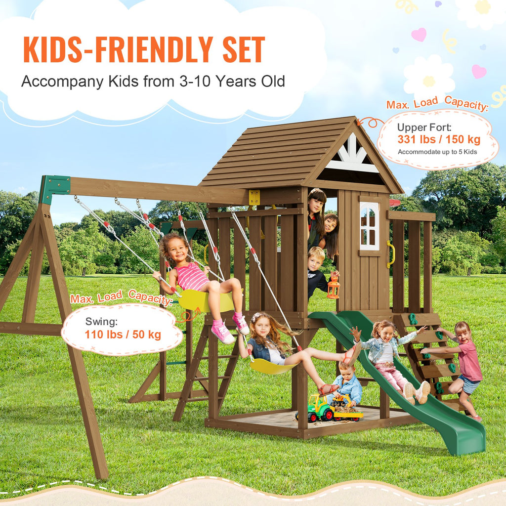 Wooden Swing Set, 10 IN 1 Playground Sets For Backyards, 2 Swings, Trapeze Bar, 6FT Slide, Large Upper Fort With Kitchen Toys, Flat Step Ladder, Rock Wall, Picnic Table, Sandbox, Scaling Ladder
