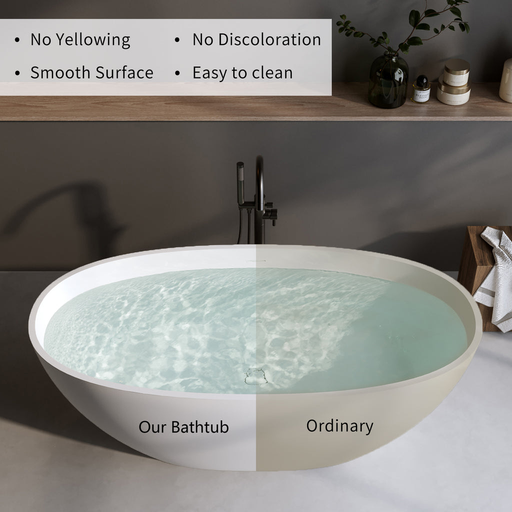 59'' Solid Surface Matte Tub, Solid Surface Soaking Tub, Stone Resin Freestanding Bathtub, Thick Edge Stand Alone Tubs With Overflow, Pop-up Drain, Matte White  Oval