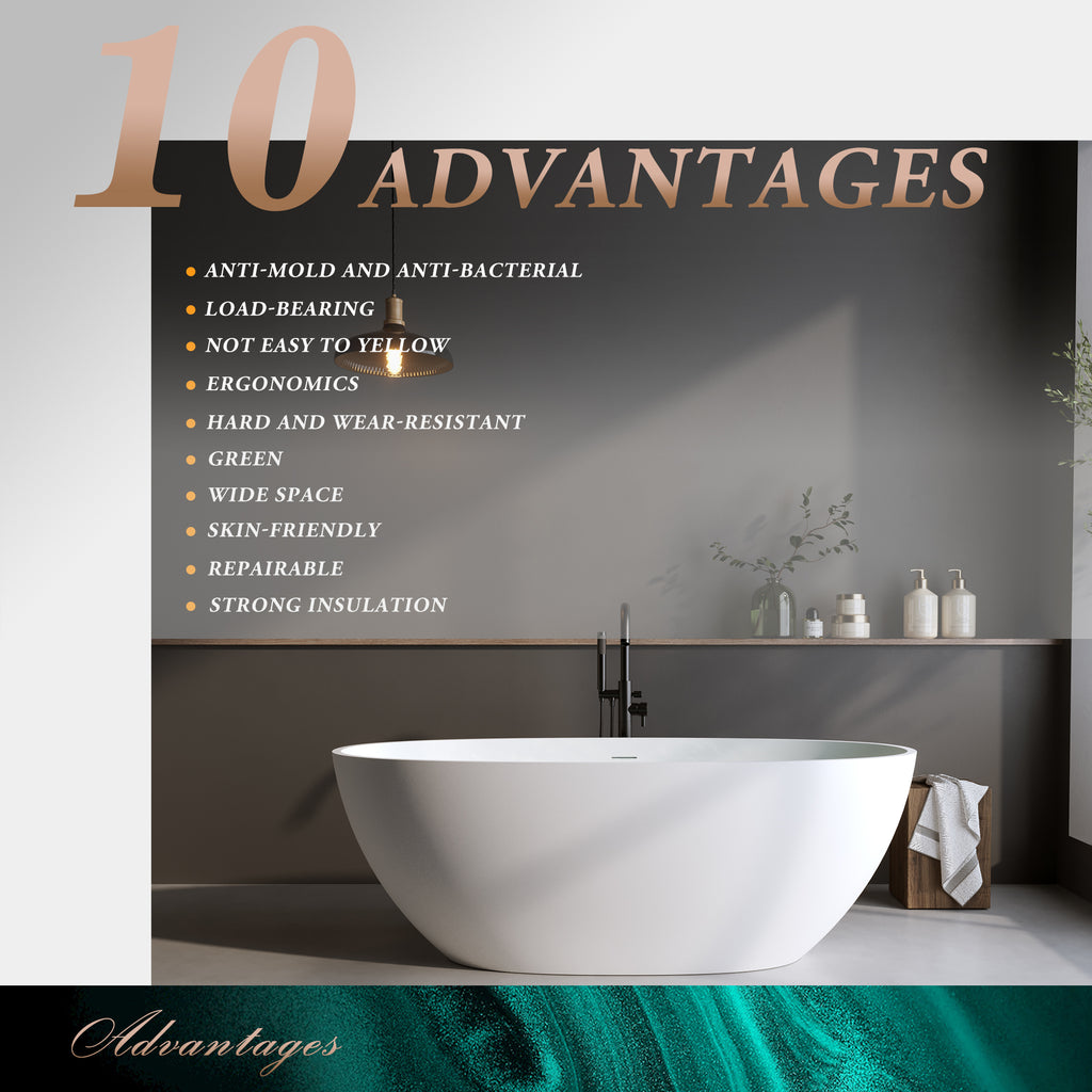 59'' Solid Surface Matte Tub, Solid Surface Soaking Tub, Stone Resin Freestanding Bathtub, Thick Edge Stand Alone Tubs With Overflow, Pop-up Drain, Matte White  Oval
