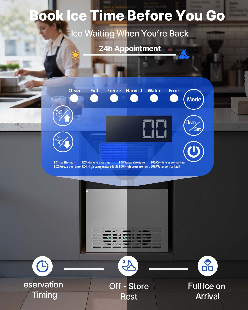 Commercial Ice Maker Machine, 440 Lbs/24h With 85 Lbs Storage Capacity, Built-in/Freestanding/Under Counter, Stainless Steel Ice Maker With LED Display & Self-Cleaning, For Home Bar Restaurant