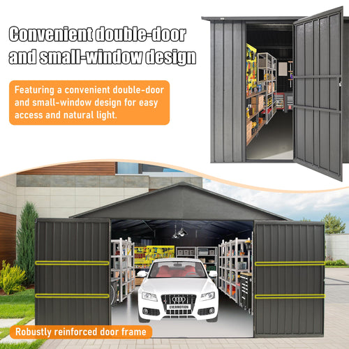 12x25FT Outdoor Metal Garage Shed, Extra Large Metal Carport With Lockable Double Hinged Doors, Heavy Duty Car Shelter For Car, Truck, Motorcycle And Lawn Equipment, Dark Grey