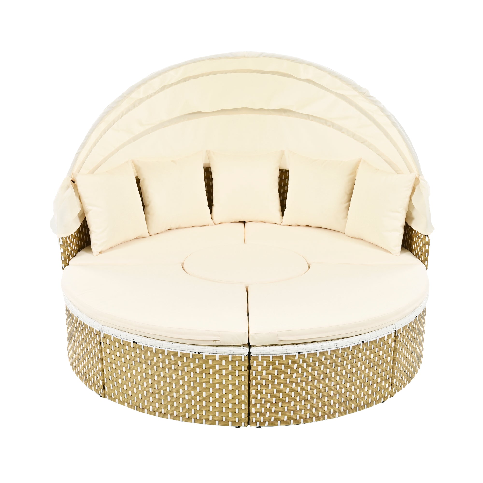 TOPMAX Patio Furniture Round Outdoor Sectional Sofa Set Rattan Daybed Two-Tone Weave Sunbed With Retractable Canopy, Separate Seating And Removable Cushion, Beige