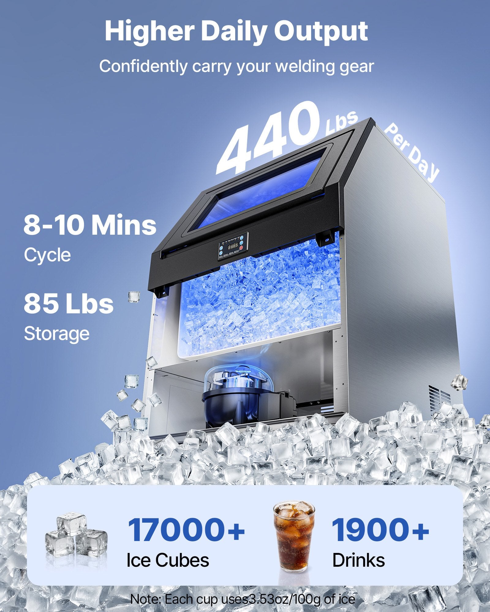 Commercial Ice Maker Machine, 440 Lbs/24h With 85 Lbs Storage Capacity, Built-in/Freestanding/Under Counter, Stainless Steel Ice Maker With LED Display & Self-Cleaning, For Home Bar Restaurant